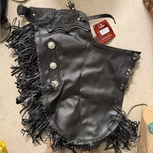 Tough1 Black faux Leather Western Chinks with Fringe